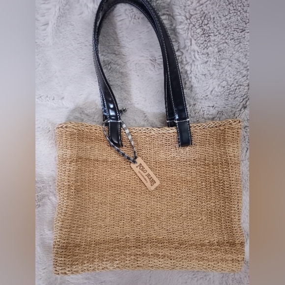 Polo Jeans Company Ralph Lauren Preppy Straw Bag Black Patent Straps - Picture 2 of 8